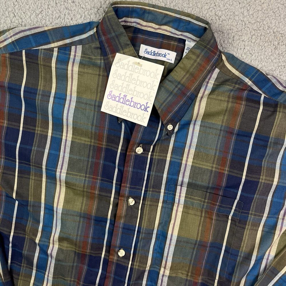 VTG Saddlebrook Shirt Mens Plaid Long Sleeve Western‎ Blue Green Shirt 90s Sz L